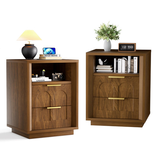 TRUNBACK Nightstand Set of 2 with Charging Station, Bedside Table, Walnut