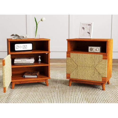 Set of 2 Boho Nightstands with Woven Paper Rope Door, Bedside Table