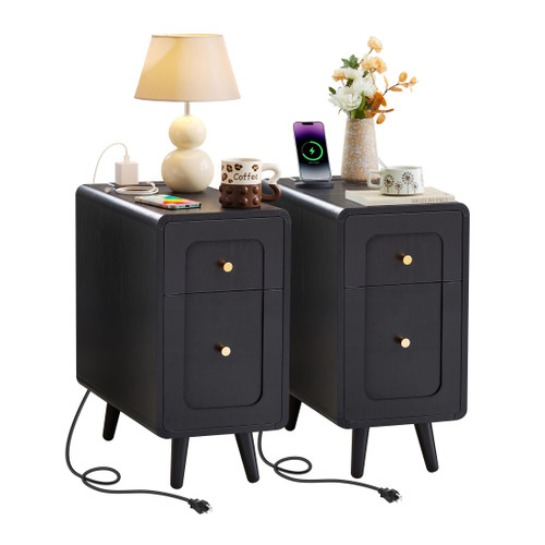 Narrow Side Table Set of 2 Wood Farmhouse Nightstand with Charging Station