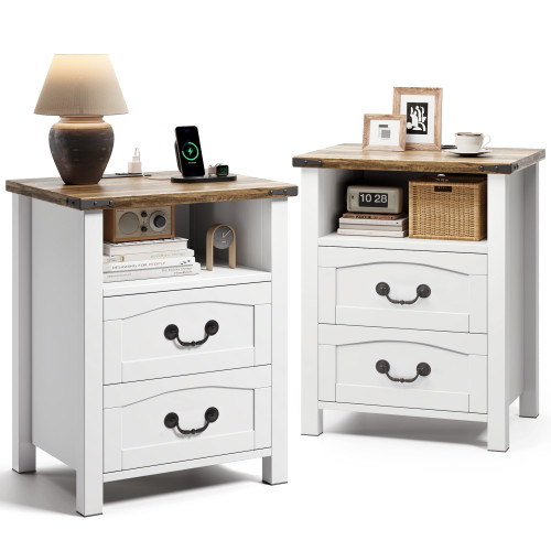 Decofy Farmhouse Nightstand Set of 2 with Charging Station, 2 Drawers, 18" Wide Rustic Bedside Table with Open Shelf, Wood End Table, Night Stand Set of 2 for Bedroom, White
