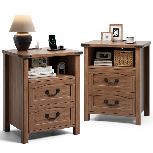 Decofy Farmhouse Nightstand Set of 2 with Charging Station, 2 Drawers, 18" Wide Rustic Bedside Table with Open Shelf, Wood End Table, Night Stand Set of 2 for Bedroom, Walnut