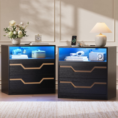 Furnulem Black Night Stand Set of 2, with LED Light and Charging Station