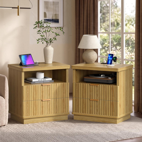 Fluted Nightstand Set of 2, End Table with Charging Station, 2 Drawers Oak