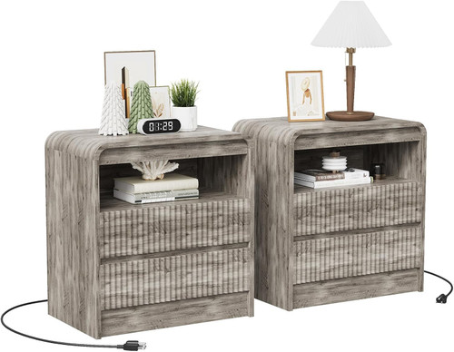 FinerFurnis Set of 2 Nightstand with Charging Station, 24" Bedside Table with 2 USB Ports and 2 AC Outlets, Night Stand with 2 Drawers, Gray