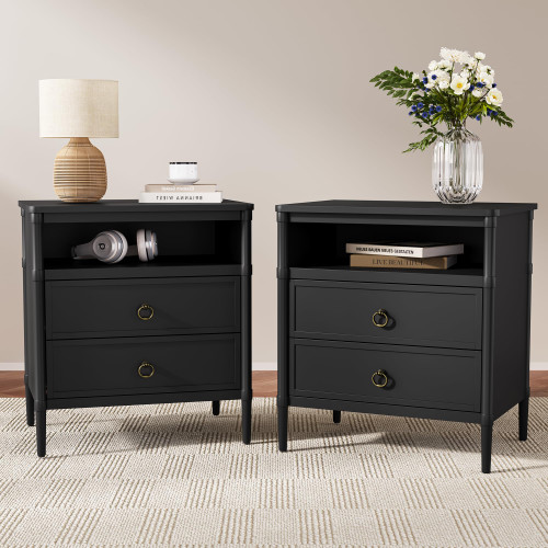 ZOSQUARE Nightstand, Mid Century Modern Night Stand with 2 Drawers and Open Shelf, Beside Table with Distressed Ring Handle for Bedroom,End Table (2, Black)