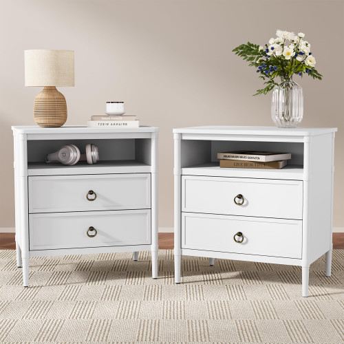 ZOSQUARE Nightstand, Mid Century Modern Night Stand with 2 Drawers and Open Shelf, Beside Table with Distressed Ring Handle for Bedroom,End Table (2, White)