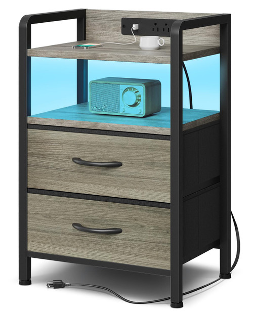 Lazzanto Nightstand with Rear Charging Station, LED Light, 2 Drawers, Grey