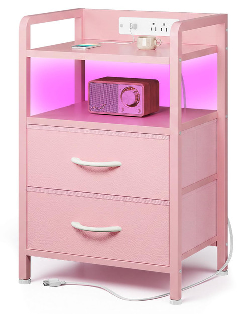 Lazzanto Nightstand with Rear Charging Station, LED Light, 2 Drawers, Pink