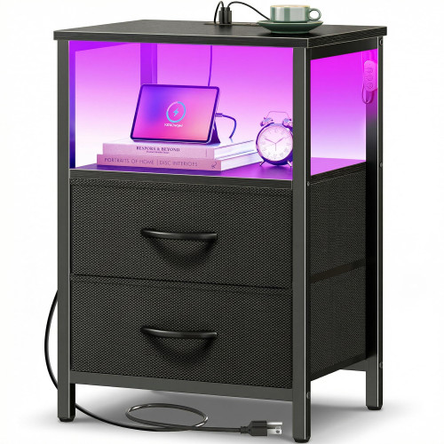 Huuger Night Stand with Charger Station and LED Lights, 2 Drawer Nightstand
