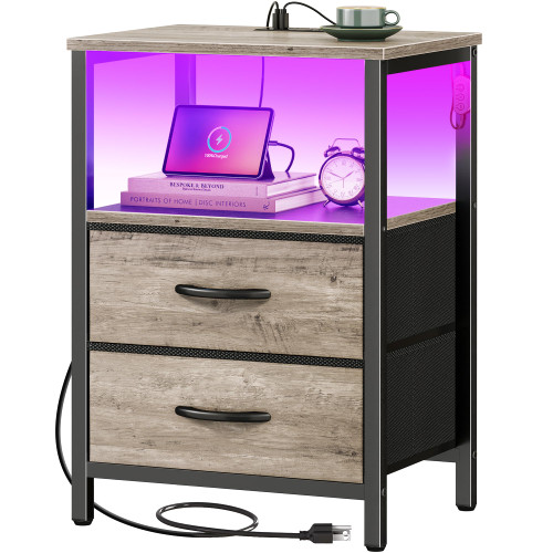 Huuger Night Stand with Charger Station and LED Lights, 2 Drawer Nightstand