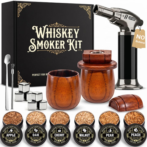 Whiskey Smoker Kit with Torch, Handcrafted Jujube Wooden Cups, 6 Stainless Steel Chilling Stones, Barrel Cocktail Smoker Top, Rustic Bourbon Gifts for Men Dad Outdoor Lovers(No Butane)