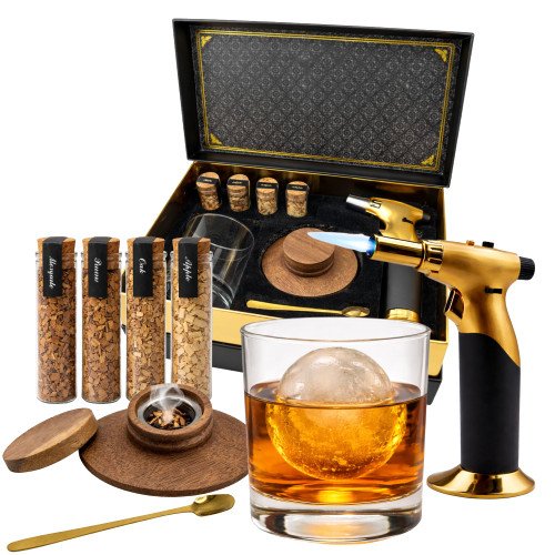 Whiskey Smoker Kit with Torch & Clear Glass – Cocktail Smoker Set with 4 Wood Chip Flavors, Walnut Smoker, Brass Spoon, Luxury Gift Box – Bourbon & Old Fashioned Gift for Men (No Butane)