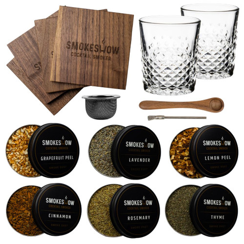 Cocktail Smoker Accessories Kit. Two Premium Rock Glasses, Six Variety of Smoke Dust, Four Coasters, Extra Wire Brush, Mesh Basket and Spoon by Smokeshow