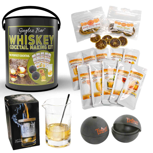Man Can Ultimate Whiskey Cocktail Kit - Create Your Own Whiskey Cocktails - Includes Premium Glass, 5 Whiskey Mixes, 2 Ice Ball Molds, Spoon & Garnishes