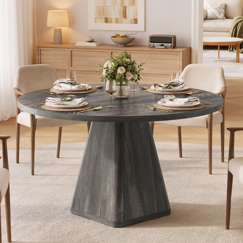 47 Inch Round Dining Table for 4-6, Pedestal Kitchen Dinner Table Grey