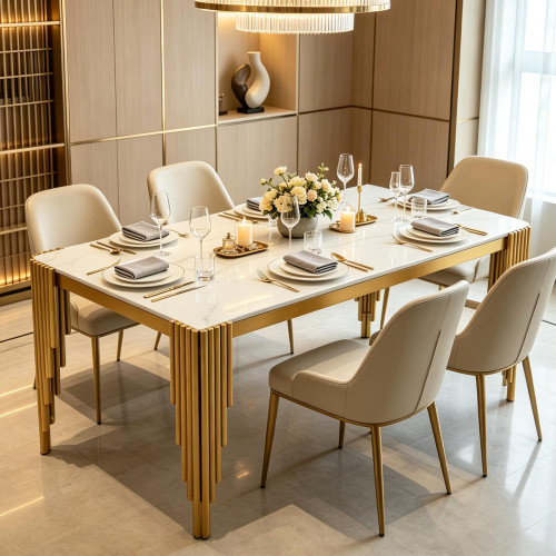 Dining Table 1 Count Gold, 49 Inch Rectangular White Marble Look Gold Legs