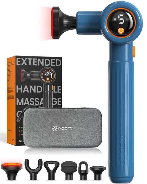 NAPRE Massage Gun with Heat,Massage Gun Deep Tissue with Extension Handle & 3 Adjustable Angles,Handheld Percussion Back Massager for Muscle/Neck/Body Pain Relief with Portable Case,Blue