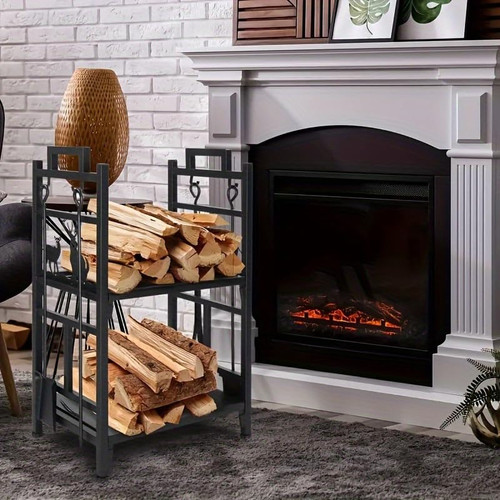 Firewood Log Rack & Tool Set - Black Storage Holder for Indoor/Outdoor Fireplace, Patio, & Bonfire - Organize Logs & Accessories, Durable Firewood Caddy