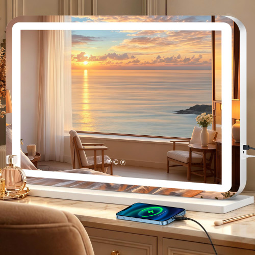 Ratsamee 48" x 30" Vanity Mirror with Lights, Led Makeup Mirror, Lighted Makeup Mirror with 3 Color Dimmable Lights, Smart Touch Screen Control, Aluminum Metal Frame,USB Charging Port