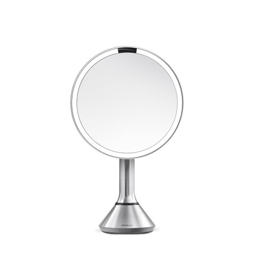 simplehuman 8" Round Sensor Makeup Mirror with Touch-Control Dual Light Settings, 5x Magnification, Rechargeable and Cordless, Brushed Stainless Steel