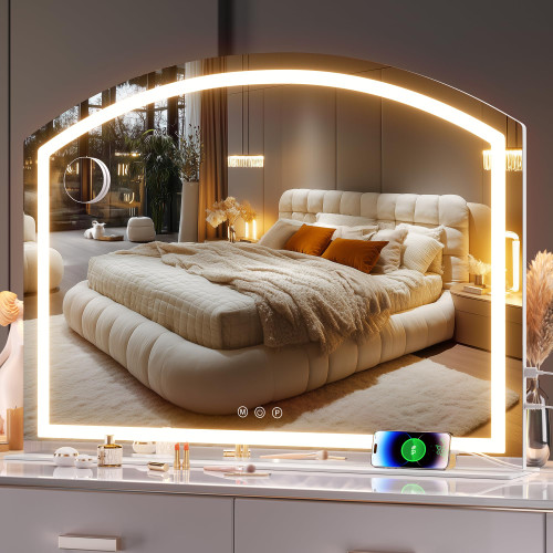 Hasipu 40" x30” Arch Vanity Mirror with LED Lights - Makeup Mirror with 10X Magnification, USB Charging Port & 3 Dimmable Color Modes