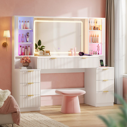 HAUOMS Big Vanity Desk, Fluted Makeup Vanity with Mirror Lights, Dressing Table (White, 59.1" Width)