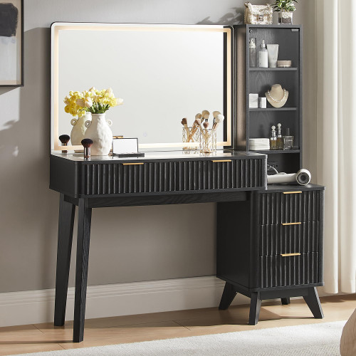 T4TREAM 48" Fluted Makeup Vanity Desk with 36" Lighted Mirror, Black