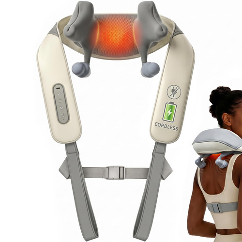 Cordless Neck and Shoulder Massager, Hybrid Kneading & Tapping with Heat