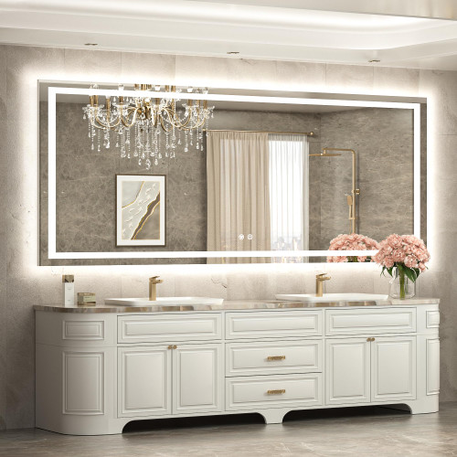 TETOTE 84 x 36 LED Bathroom Mirror with Lights, Brighter Front and Backlit Led Lighted Vanity Mirror Wall Mounted, 3-Color Dimmable Light up Anti Fog Mirror, Waterproof, Shatterproof Tempered Glass