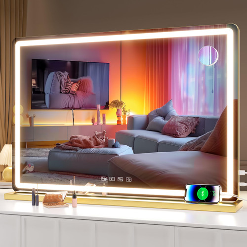 Hasipu Vanity Mirror with Lights and Bluetooth Speaker, 32" x 21.7" LED Makeup Mirror, Lighted Makeup Mirror with Dimmable 3 Modes, USB Charging Port, Round Gold