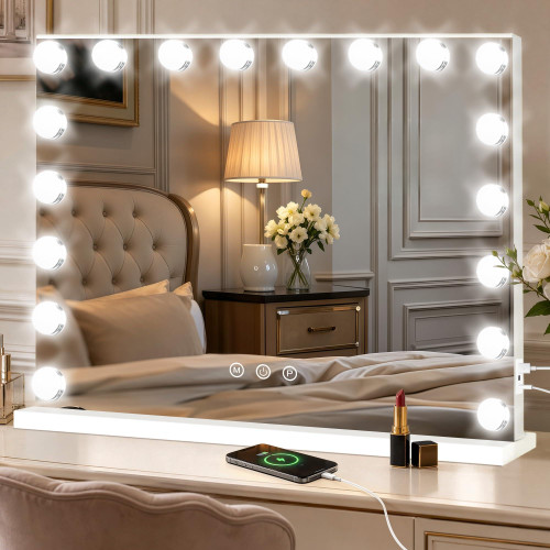 Moonee Vanity Mirror with Lights, 32"×24", with USB Charging Port, White