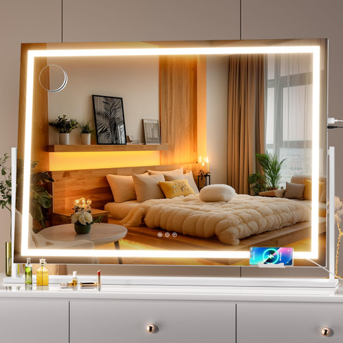 Hasipu Vanity Mirror with Lights, 39.4" x 28.3" LED Makeup Mirror, Light up Mirror with 10X Magnification and Phone Holder, USB Charging Port, Smart Touch 3 Colors Dimmable (White)