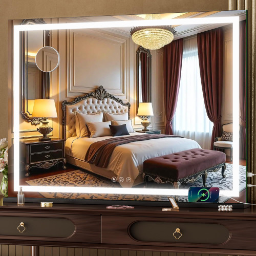 Hasipu Vanity Mirror with Lights, 32" x 24" LED Makeup Mirror, Lighted Makeup Mirror with Dimmable 3 Modes, Touch Screen Control Vanity Mirror Square Black