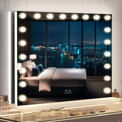 VANITII Large Vanity Mirror with 20 Bulbs Lights 40"x32" RGB Backlit Hollywood Makeup Mirror with Dimmable 3 Lighting Modes Lighted Desktop Wall-Mount Mirror with Smart Touch