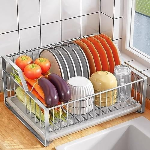 Stainless Steel Dish Drying Rack with Drain Tray, Space-Saving Kitchen