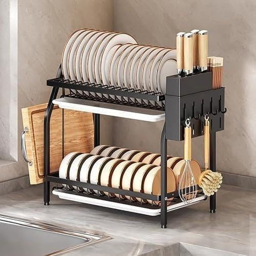 UXUGHGHTI 2 Tier Dish Drying Rack with Drain Tray & Cutlery Holder, Black(2 Tier,42cm/16.5in)