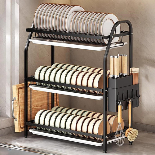 UXUGHGHTI 2 Tier Dish Drying Rack with Drain Tray & Cutlery Holder, Black(3 Tier,42cm/16.5in)