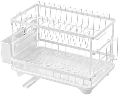 UXUGHGHTI TwoTier Dish Drying Rack with Drain Spout & Utensil Holder, White