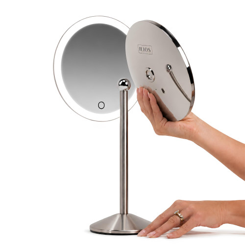 Ilios Lighting 1x Magnification Cordless Rechargeable LED Makeup Mirror — Magnetic Detachable, 2X Brighter Dimmable Light, 360° Tilt, Handheld or Tabletop, Perfect for Vanity & Travel