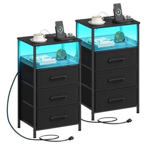 JARHETUN Night Stand Set 2 with Charging Station, 3 Drawer Nightstands with LED Lights, End Table with Outlets and USB Ports, Side Table with Open Shelf, Bedside Tables for Bedroom, Black