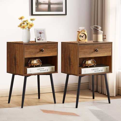 VECELO Nightstands Set of 2, Mid Century Modern End Bedside Table, Night Stand with Storage Drawer and 2 Tiers Open Shelf for Small Place, Bedroom, Living Room, Easy Assembly, Rustic Brown