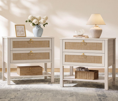SICOTAS White Rattan Nightstand Set of 2, Wide Bedside Table with 2 Drawers