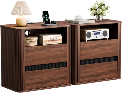 Walnut Nightstands Set of 2 with Charging Station, Modern Fluted Nightstand
