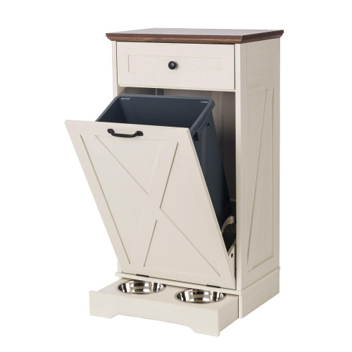 TDLEAYYD 13 Gallons Tilt Out Trash Cabinet with Dog Bowl, Kitchen Trash Can Cabinet with Drawer Garbage Recycling Cabinet Pet Proof Trash Cabinet for Kitchen (Vintage White)