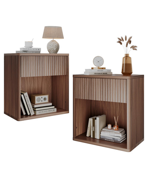 WLIVE Wood Night Stand Set of 2, Fluted Nightstand with 1 Drawer, Brown