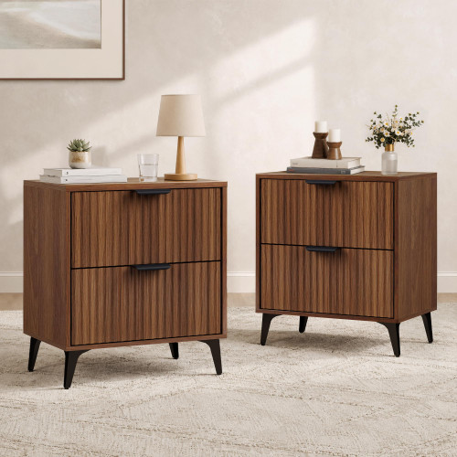 GRAINLLE Wood Nightstand Set of 2, Fluted Bedside Tables with 2 Drawers