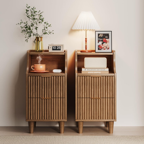Narrow Nightstand Set of 2,11.8" Fluted Bedside Table Set of 2, Slim Side End Table with 2 Drawers, Wooden Bedside Table, Mid Century Modern Night Stand for Bedroom Livingroom Sofa Office