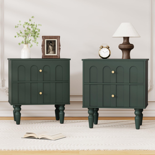 Surmorn Set of 2 Nightstands with 2 Vintage Arched Fluted Drawers, Green