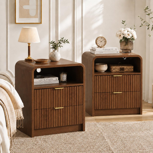 Ayiseedmid Nightstand Set of 2, Nightstands with Charging Station, Narrow Bedside Table with Drawers, Fluted Nightstand for Bedroom, Brown