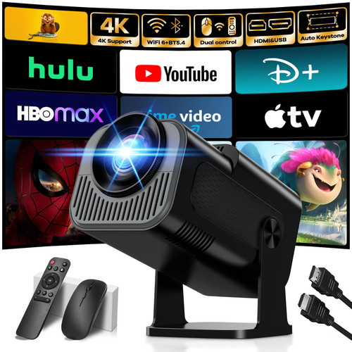 [Projector 2026 Upgraded] Mini Projector Support 4K 1080P Auto Keystone 270°Rotatable with WiFi 6 and Bluetooth 5.2 Projector Portable Compatibile with HDMI/TV Stick/Memory Stick/Laptop,Black